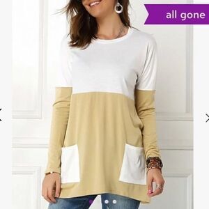 Zulily, Khaki & White Color Block Long Sleeve Pocket Tunic Women’s Size Small